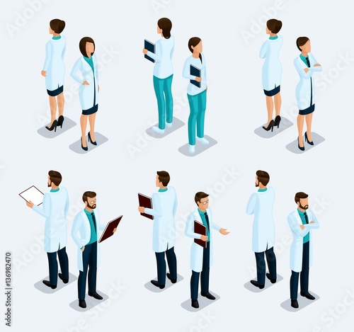 Trendy isometric people. Medical staff, hospital, doctor, nurse, surgeon. People at the front view of visas, standing position. Vector illustration