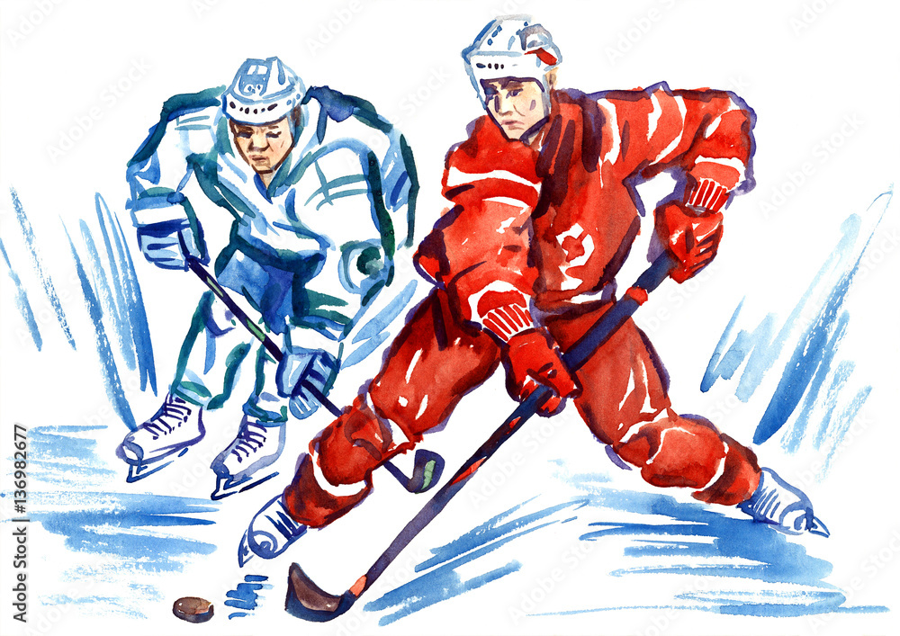 Fototapeta premium Two sportsmen hockey players fighting for the puck at high speed, hand painted watercolor illustration