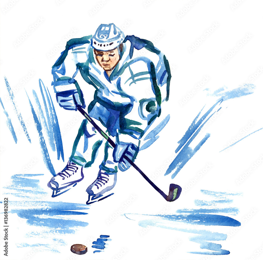 Obraz premium Athlete hockey player skating with puck at high speed, hand painted watercolor illustration