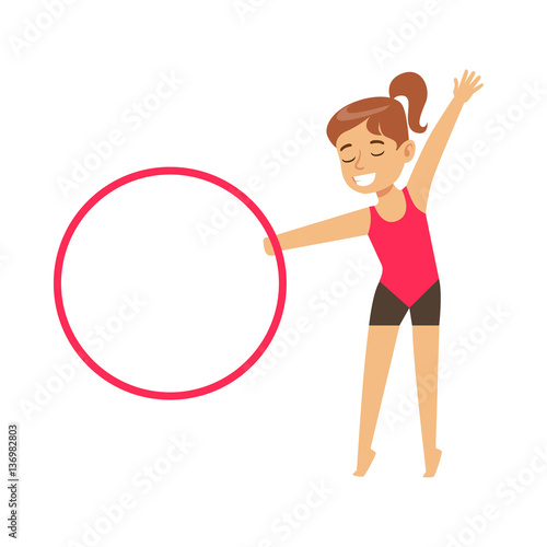 Little Girl Doing Gymnastics Exercise With Hula-Hoop Apparatus In Class, Future Sports Professional