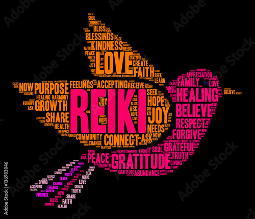 Reiki Word Cloud on a black background. 