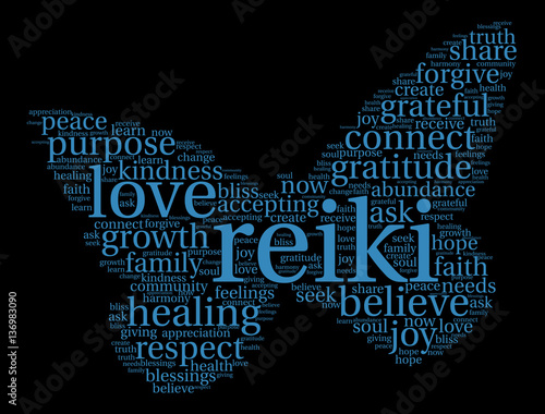Reiki Word Cloud on a black background. 