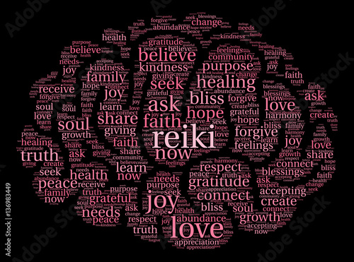 Reiki Word Cloud on a black background. 