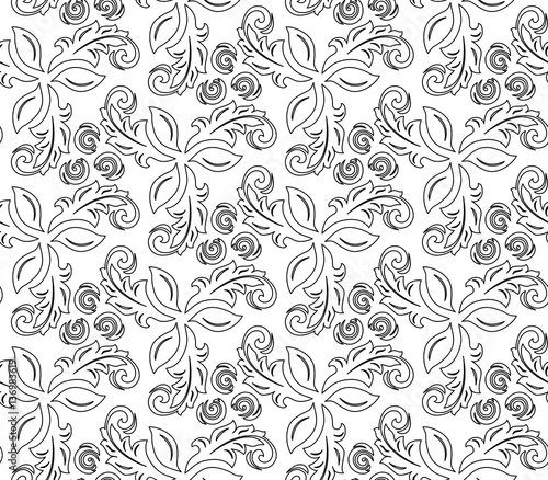 Floral ornament with black outline. Seamless abstract classic pattern with flowers