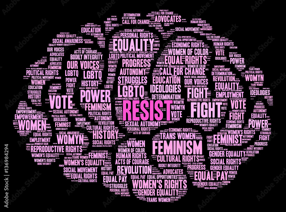 Women's Rights Resist Word Cloud on a black background. 