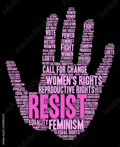 Women's Rights Resist Word Cloud on a black background. 