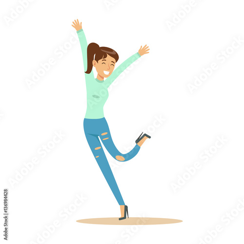 Girl With Ponytail Overwhelmed With Happiness And Joyfully Ecstatic, Happy Smiling Cartoon Character