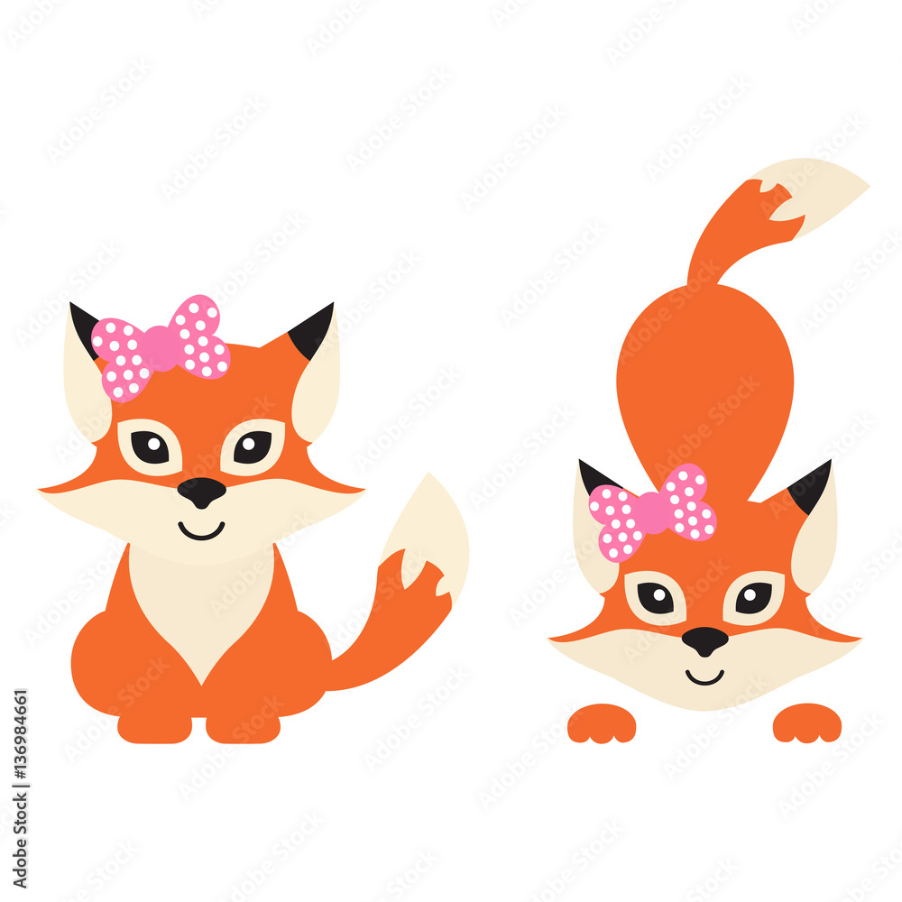 Naklejka premium cartoon fox vector with bow set