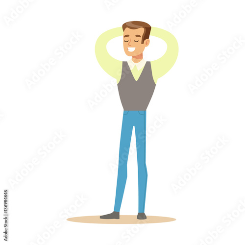 Man In Shirt And Vest Overwhelmed With Happiness And Joyfully Ecstatic, Happy Smiling Cartoon Character