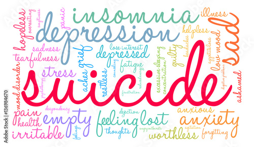 Suicide Word Cloud word cloud on a white background. 