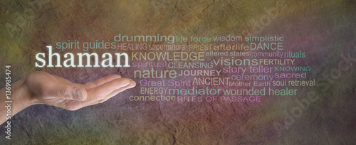 фотографія Shaman Rustic word cloud Banner  - male palm facing up with the word SHAMAN hove