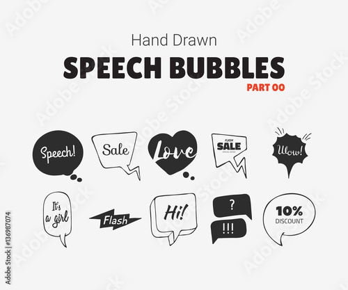 Set of vector white and black speech bubbles with text, doodle elements