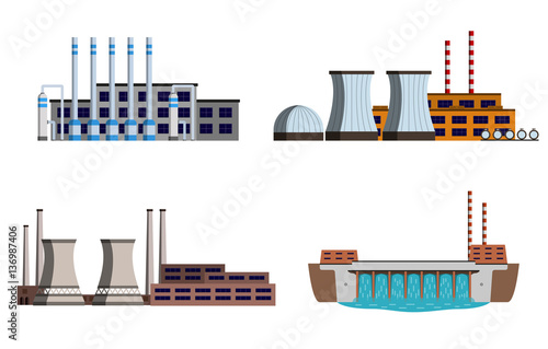 Set of energy station. Gas station, nuclear power station, hydro power. Vector illustration.