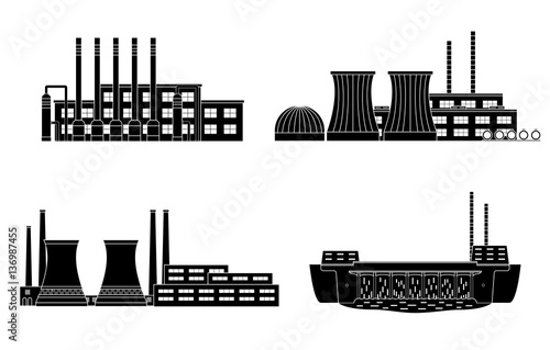 Set of energy station. Gas station, nuclear power station, hydro power. Vector illustration.
