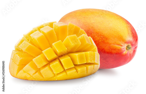 mango with cube slices isolated on a white background