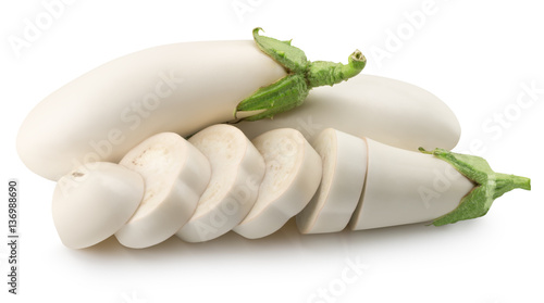 white eggplants with slices isolated on a white background