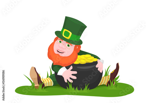 vector illustration of a leprechaun sitting on the grass hugging a pot of gold and smiling isolated on white background