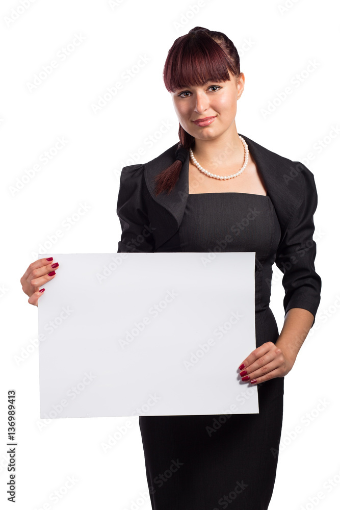 Attractive woman holding blank business sign board Attractive woman holding blank business sign board