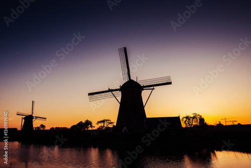 Dutch mill by night Holland Netherlands. Beauty world