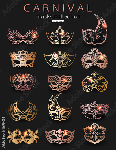 Set of Carnival masks. Rose gold trend color for design, vector illustration.