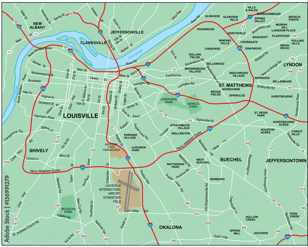 Louisville Metro Area Map with Roads Stock Vector Adobe Stock