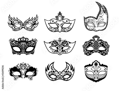 Set of mardi gras masks isolated on white background. Vector illustration.