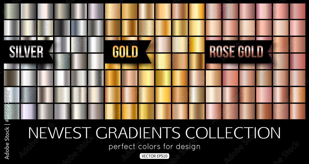Set of rose gold, silver gradients. Shiny gold texture, vector illustration. - obrazy, fototapety, plakaty 