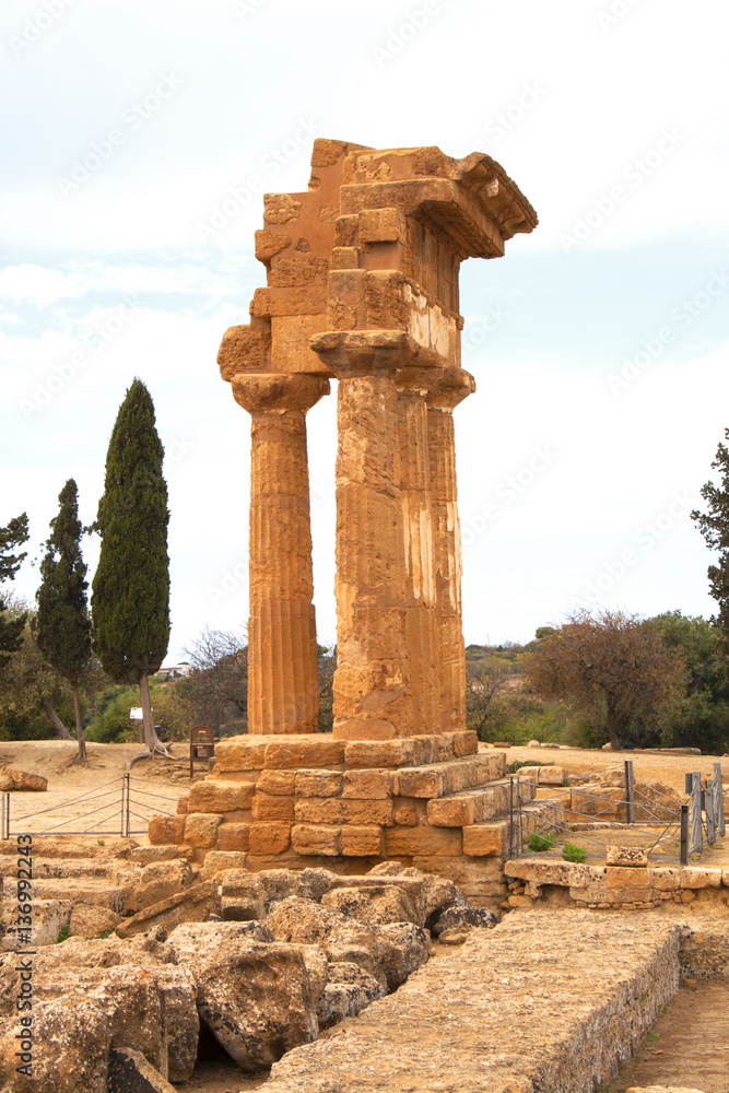 Temple of the Dioscuri in the valley of the temples, Agrigento, Sicily, Italy