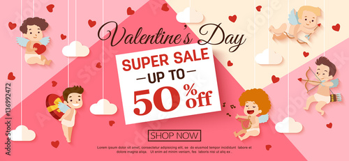 Valentines day sale banner with cupid for campaign, online shop. Vector illustration.