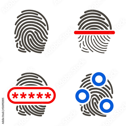 Fingerprint icons. Set authorization and identification icons. Finger print symbol. Scanning, verification, touch screen, biometric thumbprint, business, technology. Rasterized illustration.
