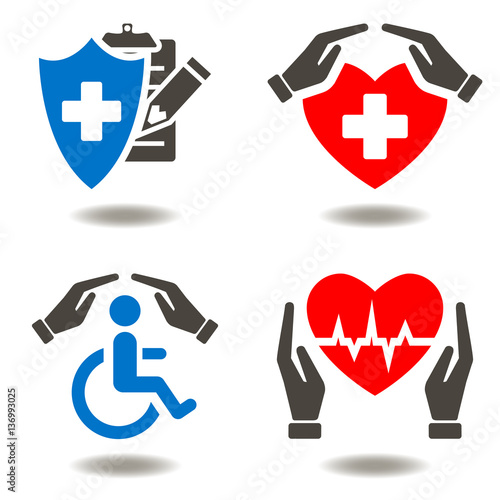 Health insurance medicine safety invalid hands palm finance treatment computer vector icon set concept. Shield clipboard, wheelchair, heart. Medical assurance help money premium healthy technology