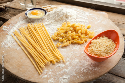 Homemade spaghetti and macaroni with flour and egg, simple recipe for cooking. For lovers of Italian food, handmade pasta.
