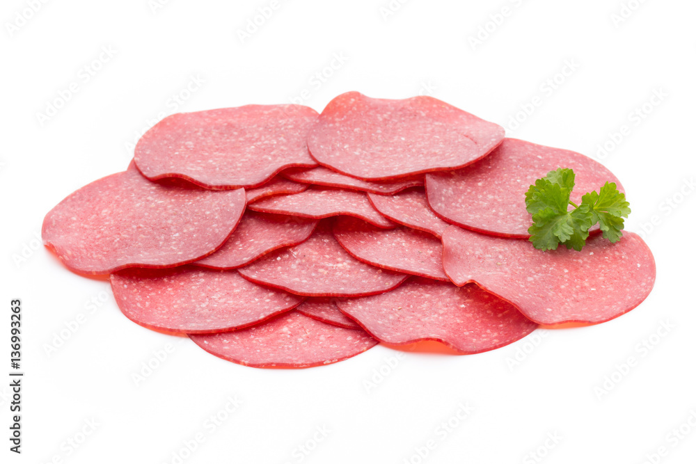 Salami smoked sausage one slice isolated on white background cut Salami smoked sausage one slice isolated on white background cut
