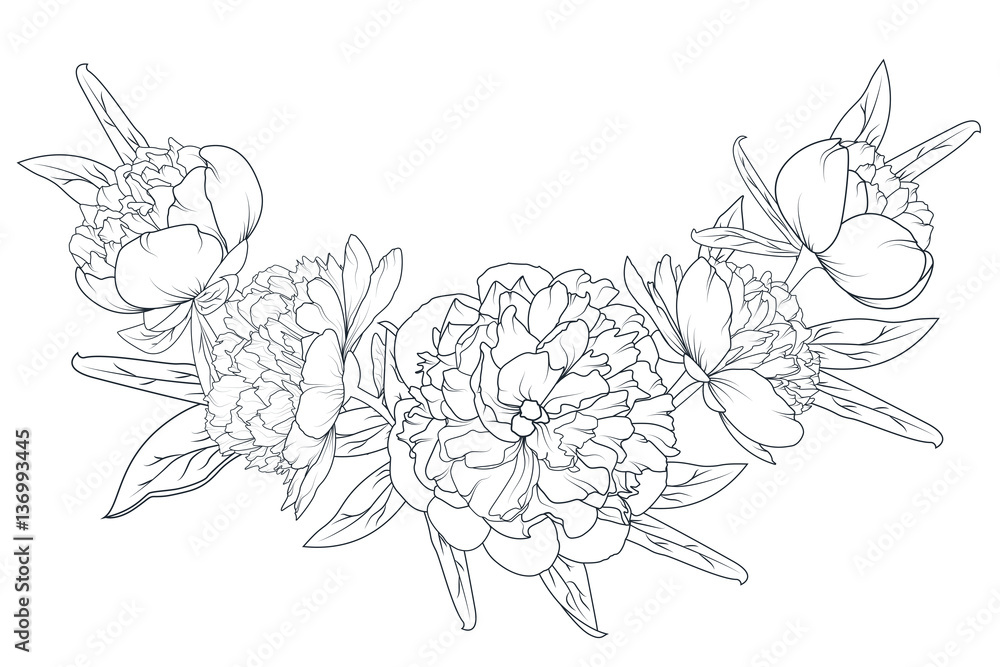 Peony rose flowers laurel foliage garland vector design element. Black and white sketch outline drawing. Spring summer floral romantic vintage bouquet decoration. Peony rose flowers laurel foliage garland vector design element. Black and white sketch outline drawing. Spring summer floral romantic vintage bouquet decoration.