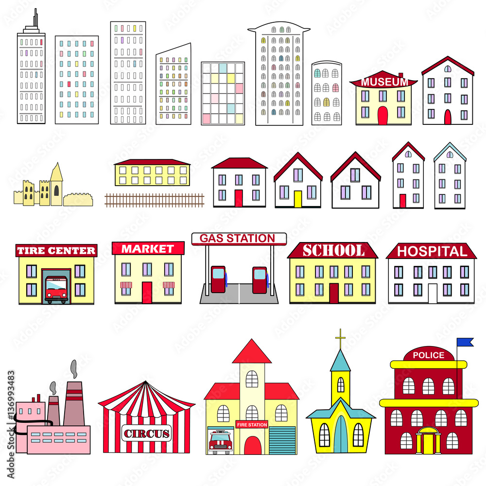 Cartoon vector set of city buildings