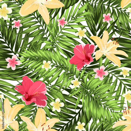 Seamless Tropical Jungle Palm Leaves Pattern with Lily, Hibiscus and Plumeria Flowers. Greenery on White Background. Bright Colorful Exotic Rain Forest Camouflage Texture. Vector Design Illustration.
