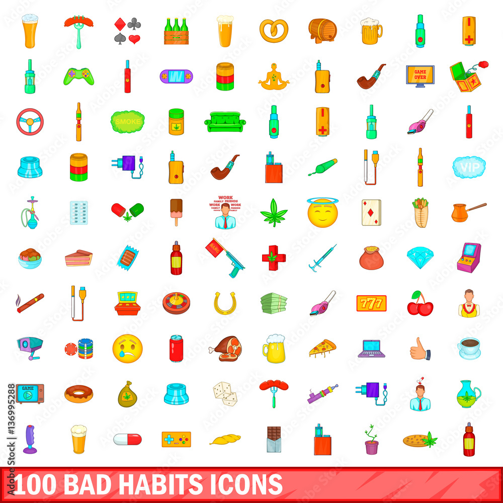 100 bad habits icons set, cartoon style 100 bad habits icons set, cartoon style