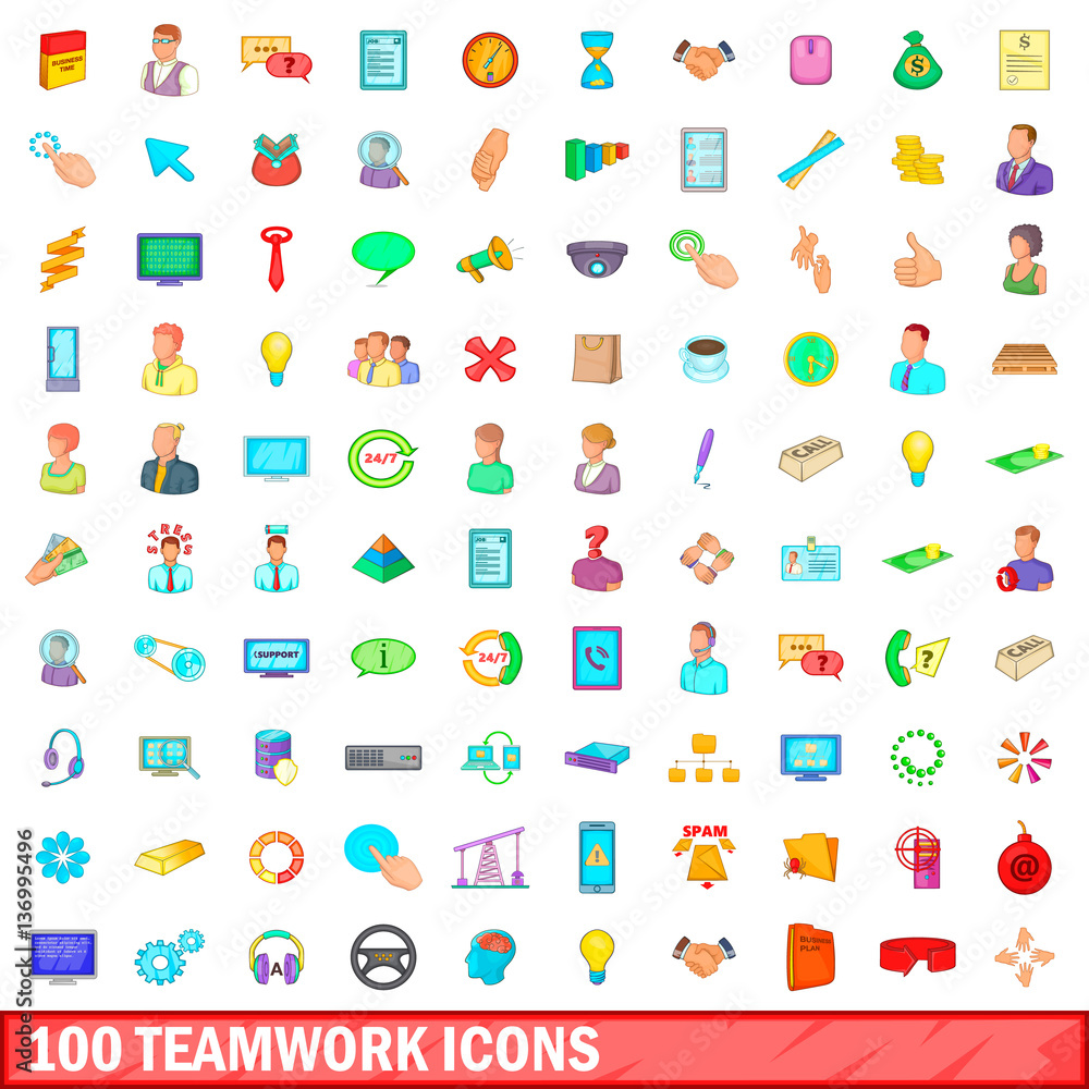 100 teamwork icons set, cartoon style 100 teamwork icons set, cartoon style