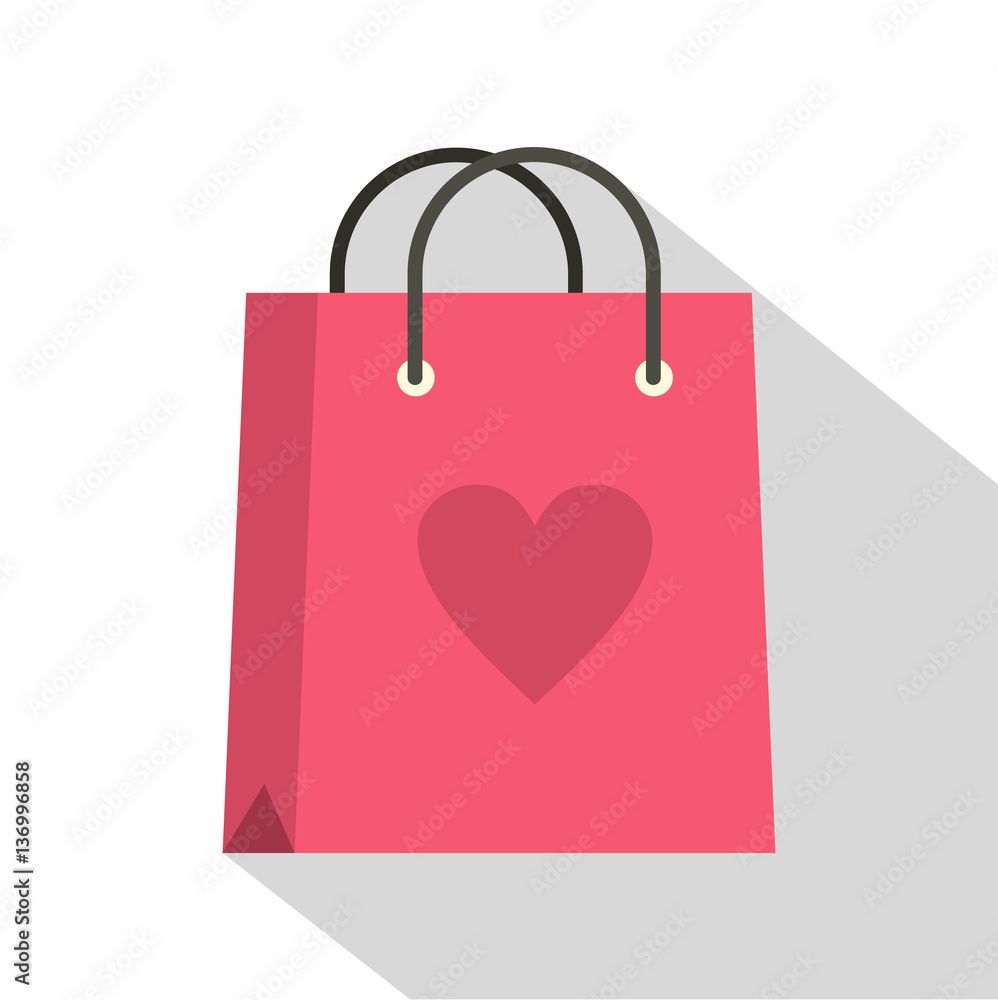 Pink shopping bag with heart icon, flat style Pink shopping bag with heart icon, flat style