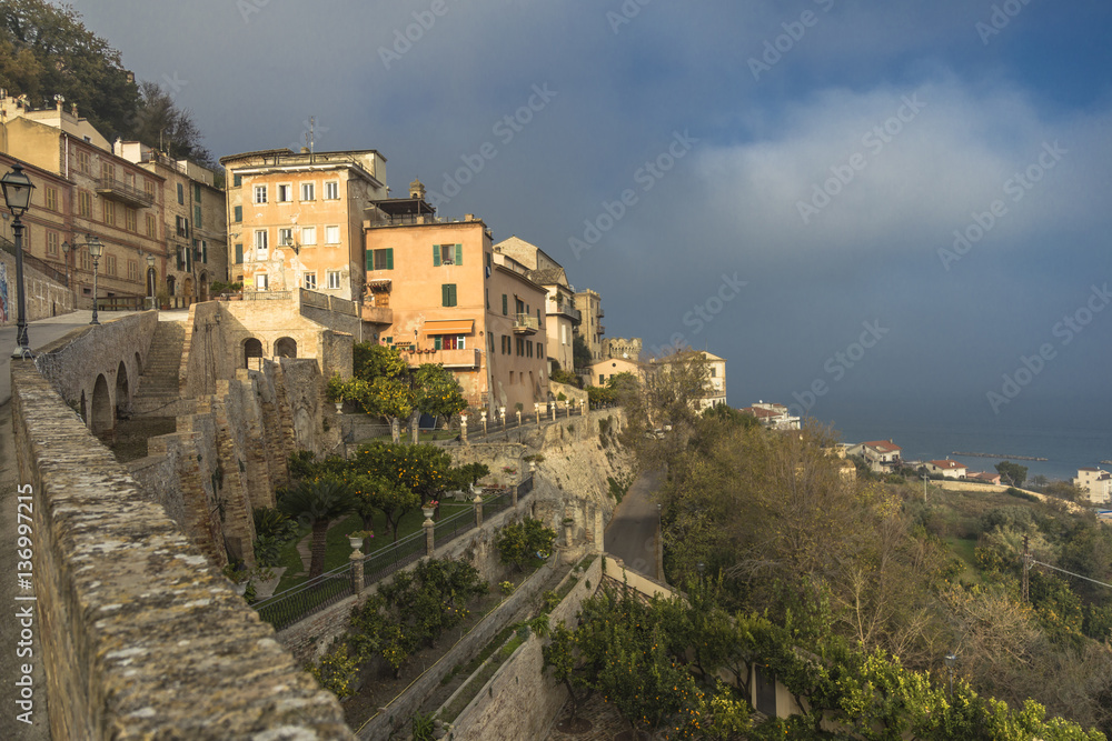 Panoramic view of Grottammare under cloudy sky, Marche, Italy
