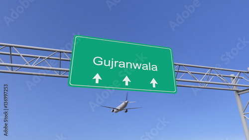 Twin engine commercial airplane arriving to Gujranwala airport. Travelling to Pakistan conceptual 3D rendering photo