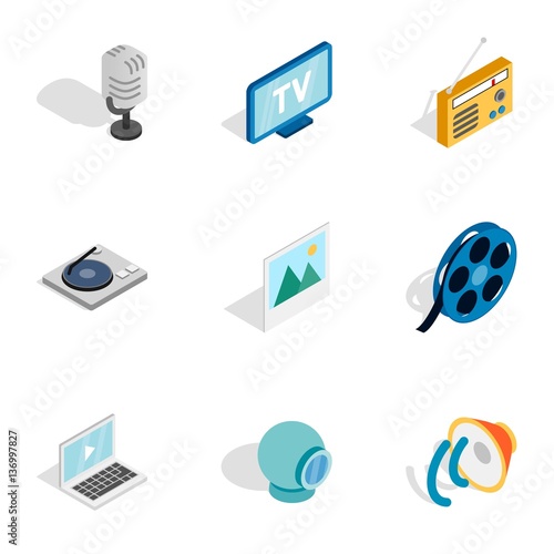 Multimedia icons, isometric 3d style