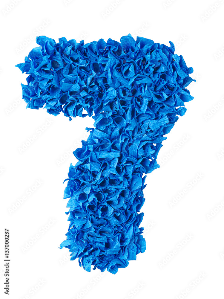 Seven. Handmade number 7 from blue scraps of paper isolated on white background Seven. Handmade number 7 from blue scraps of paper isolated on white background