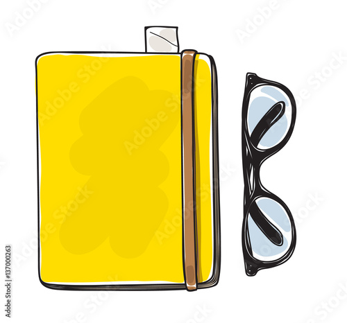 yellow notebook and vintage glasses vector hand drawn  art illus
