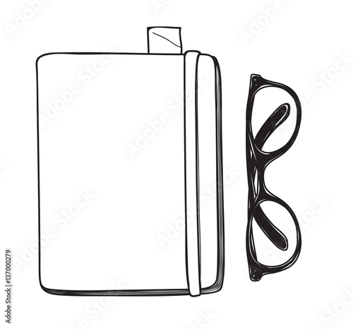 yellow notebook and vintage glasses vector hand drawn line art i