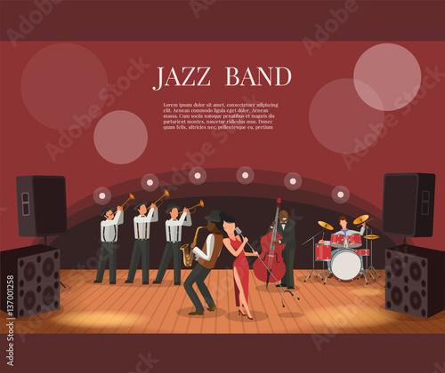 605381 Jazz music band flat vector illustration with musicians o