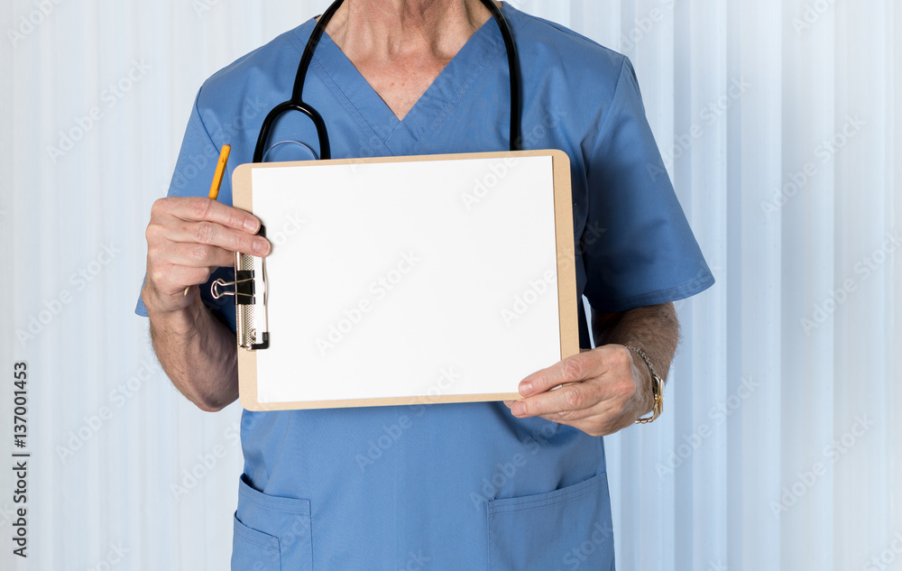 Senior doctor in scrubs with message Senior doctor in scrubs with message