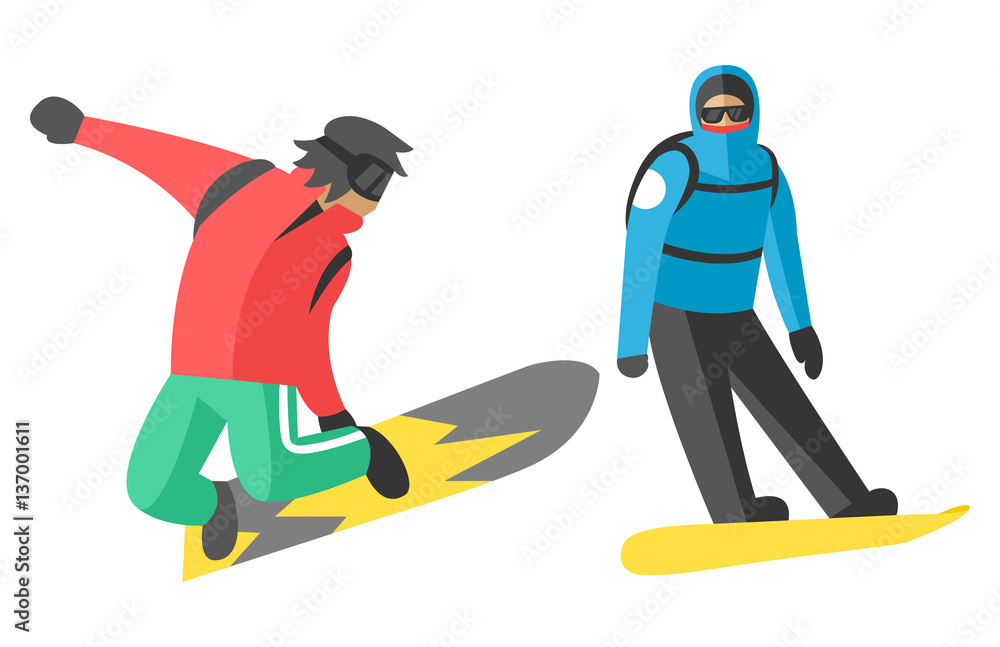 Fototapeta premium Snowboarder jump in different pose people vector.