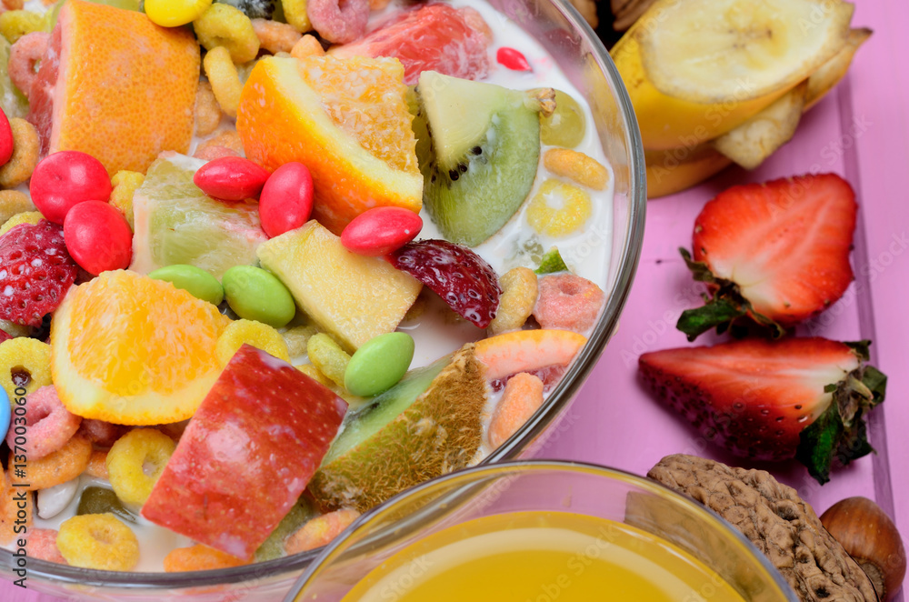 cereal with fruit on table cereal with fruit on table