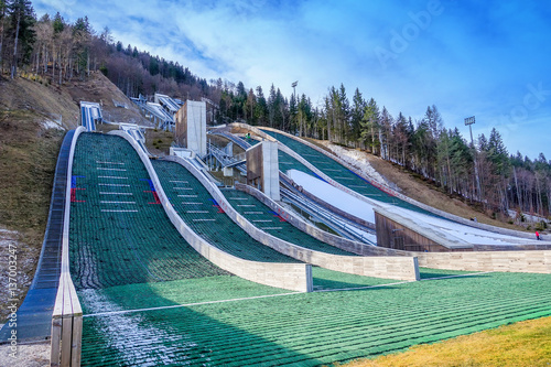 Planica sports centre with ski jumps in Julian Alps in Slovenia